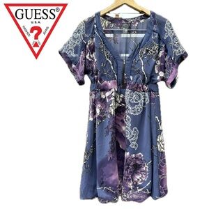 Guess Floral Kimono Mini Dress Purple Blue Lined Sheer Back Size 9 Feminine